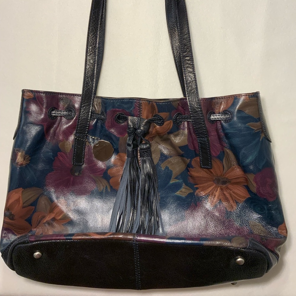 Patricia Nash Genuine Leather Multi Color Floral Print Tote Bag Magnetic Closure